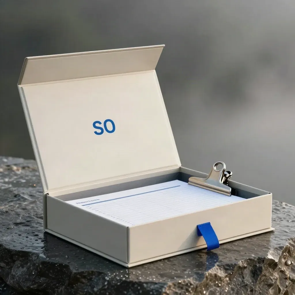 Open SEO audit starter kit on wet slate with mist, cream inserts and blue accent in dawn light.