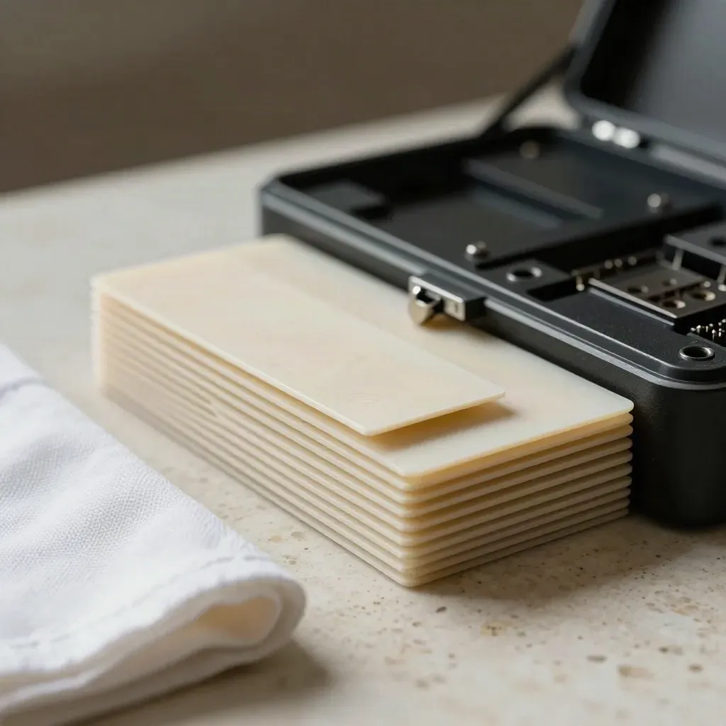 Macro of cream shims, off-white cloth and matte-black case on travertine.