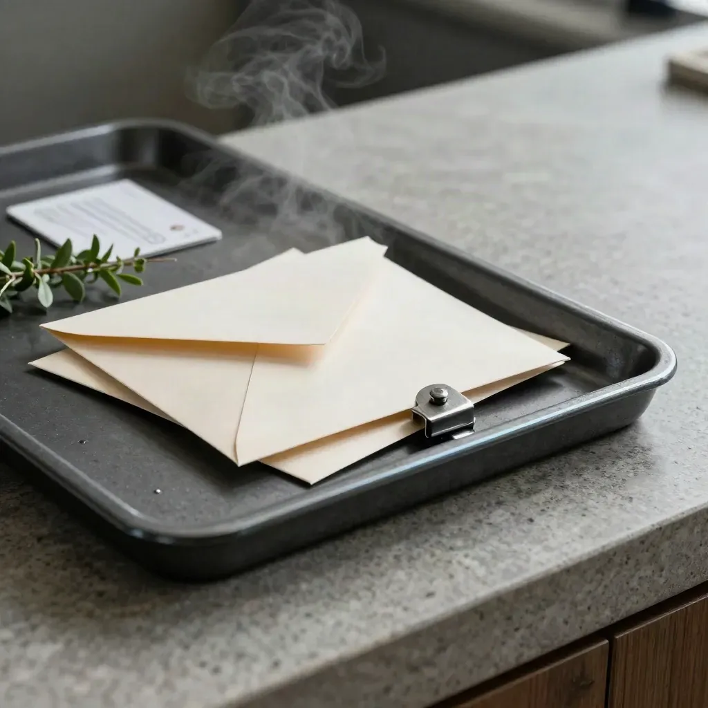 Graphite lead-gen tray with envelopes and greenery sliding across a stone counter.