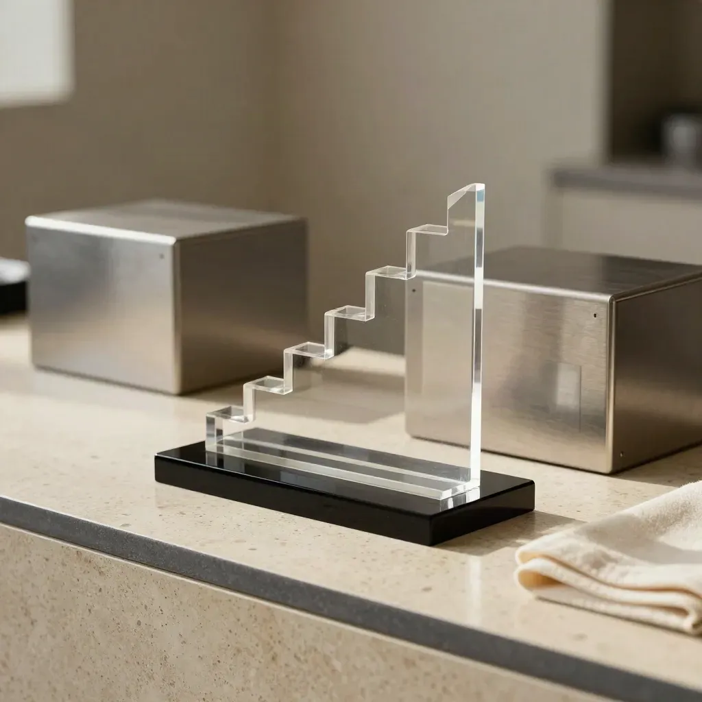 Clear acrylic analytics sculpture with counters on a travertine plinth