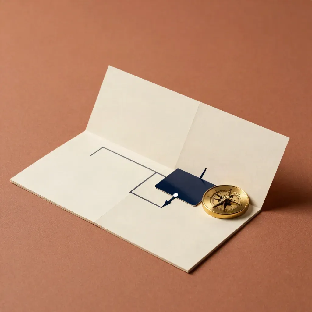 Overhead macro of blank fold-out cards, magnetic tiles, and a brass disc forming a branching layout.