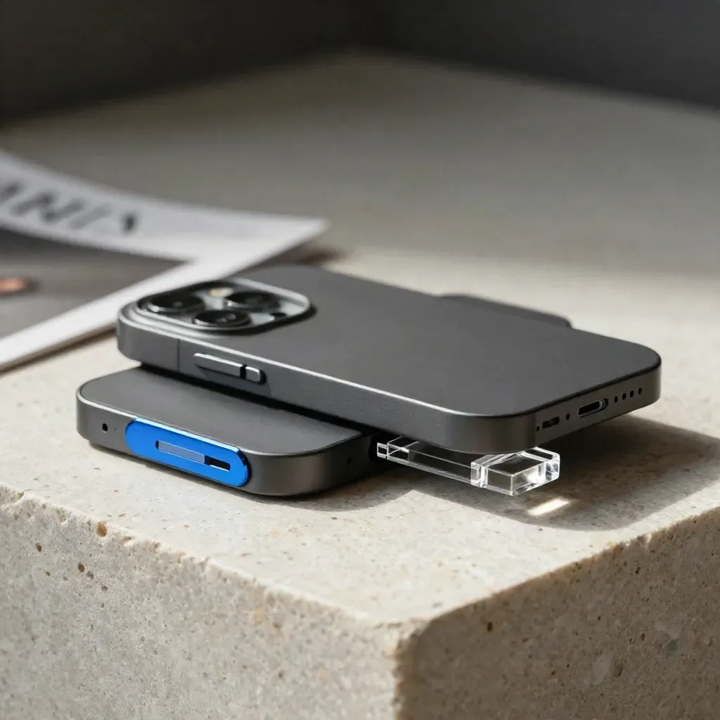 Graphite care cases, metal clip and clear spacer on pale stone with blue glint