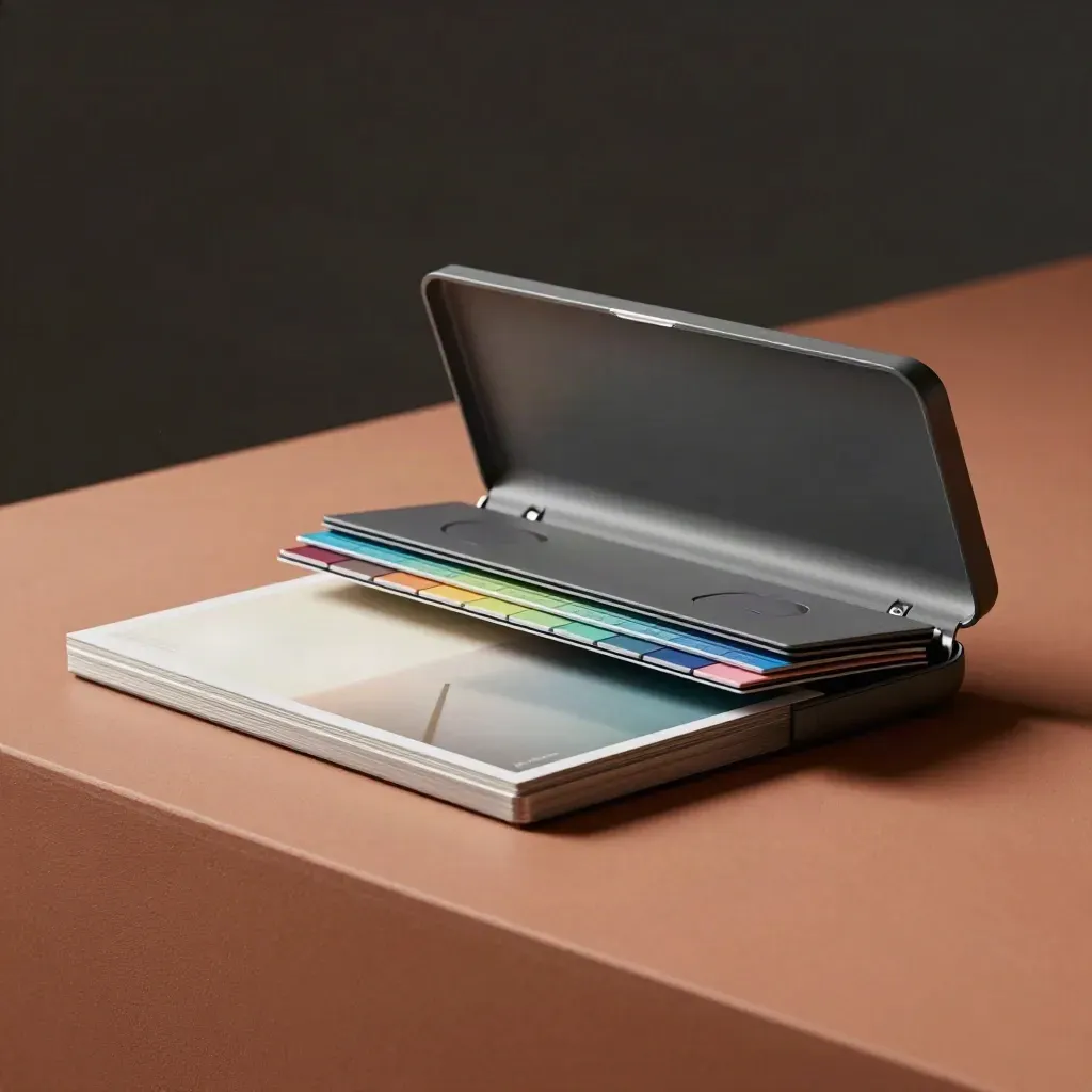 Open analytics toolkit case with modular inserts and metal rails on a terracotta plinth.