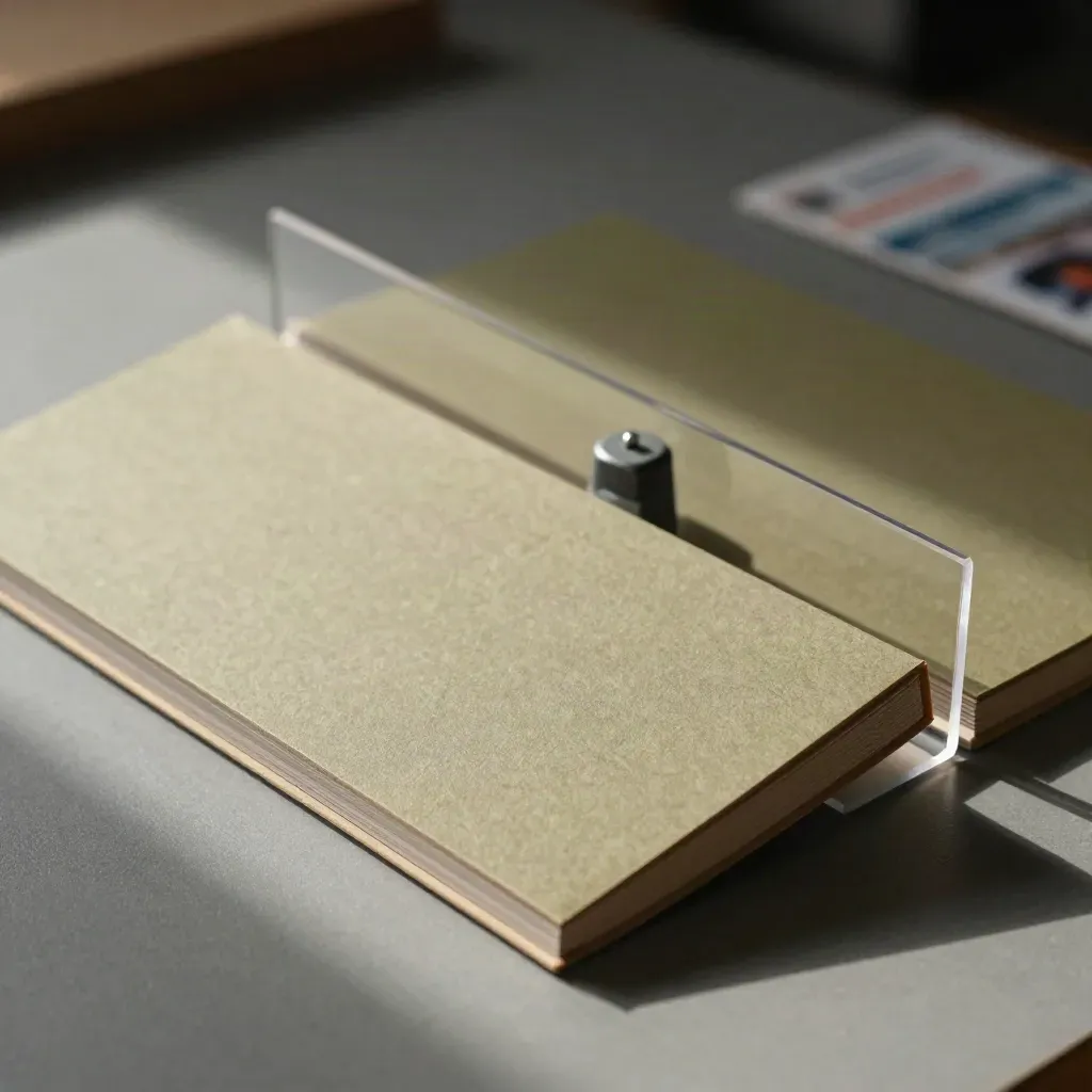 Close-up of proof boards, divider and slate weight on a graphite workbench