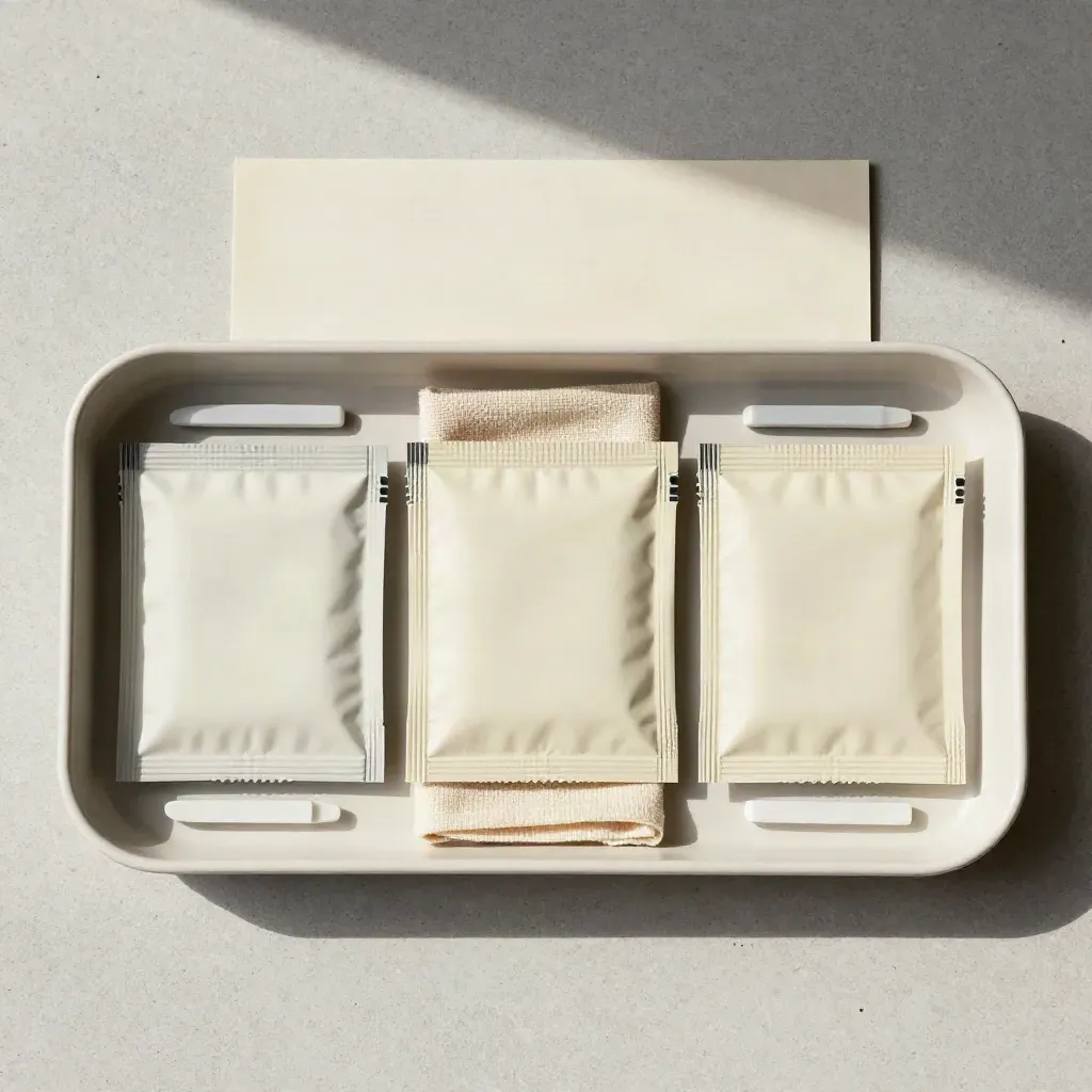 Overhead flatlay of three lead modules in a tray with a folded cloth on pale concrete.