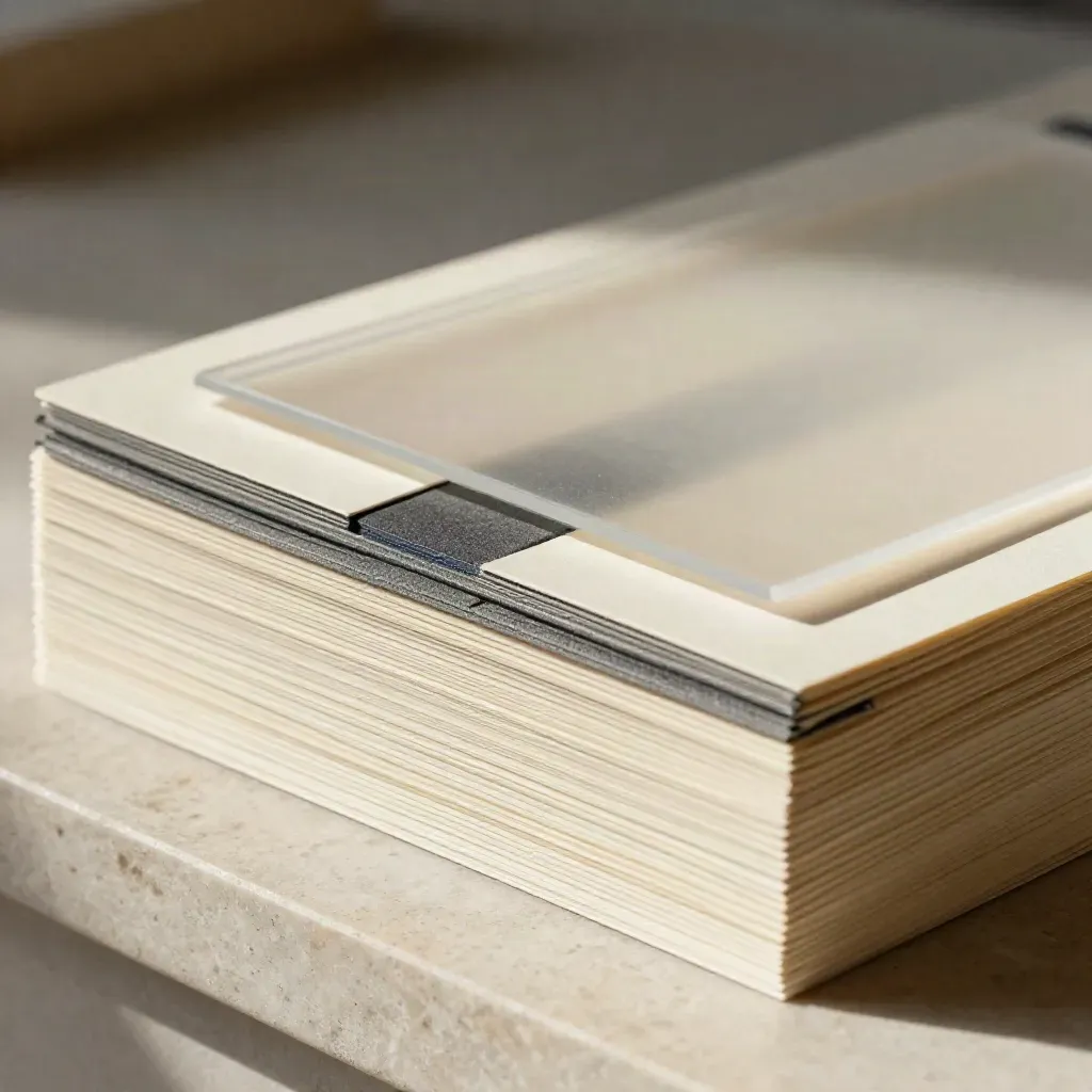 Cream layout cards, transparent sheet and graphite spacer block on limestone with soft haze.
