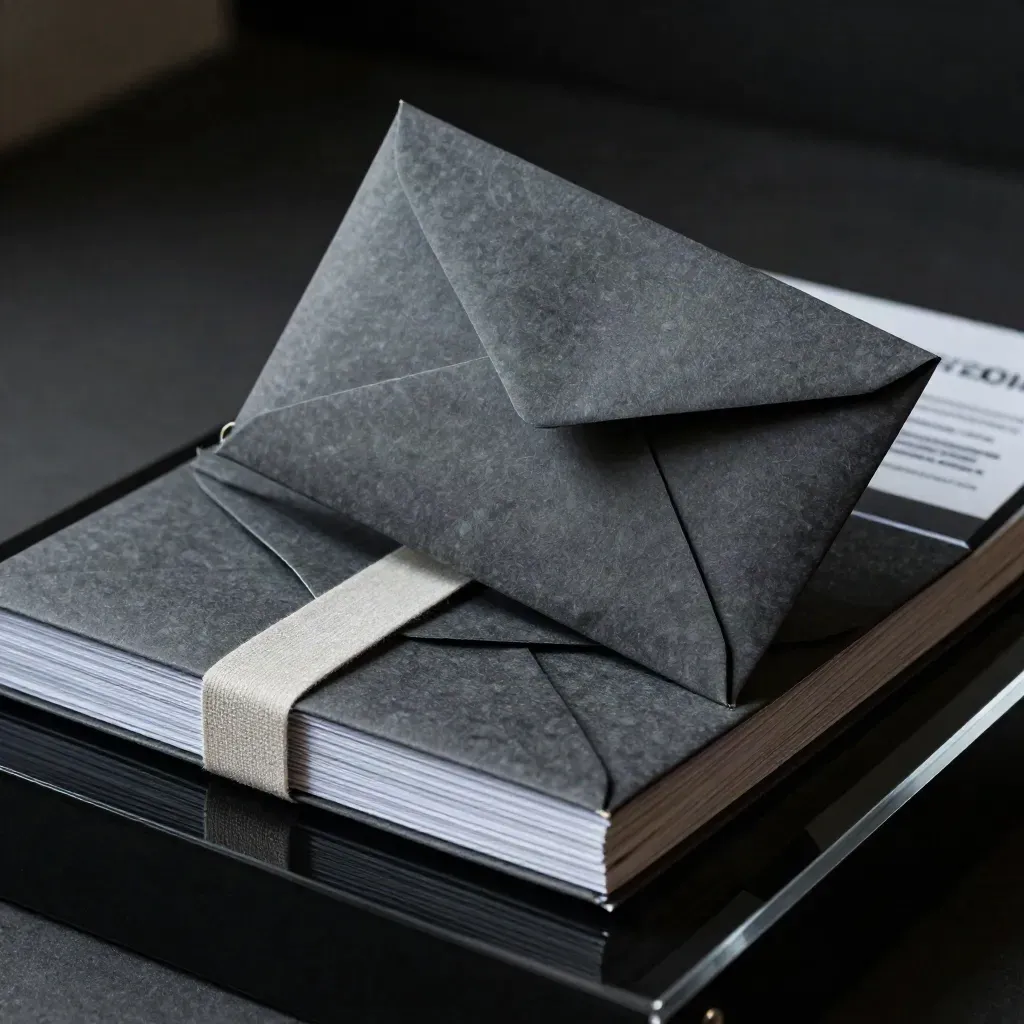 Graphite monthly support envelopes, slim binder and return band on a matte-black plinth.