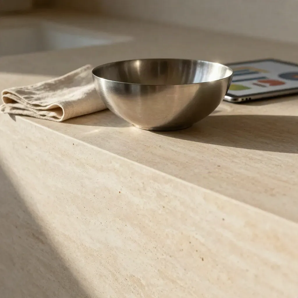Travertine ledge with brushed steel bowl and linen edge in warm sun.